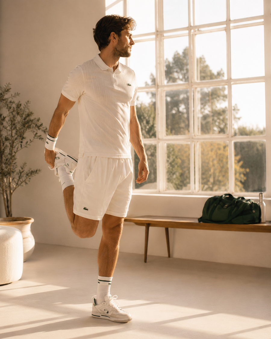 Tennisspieler beim Stretching auf dem Platz