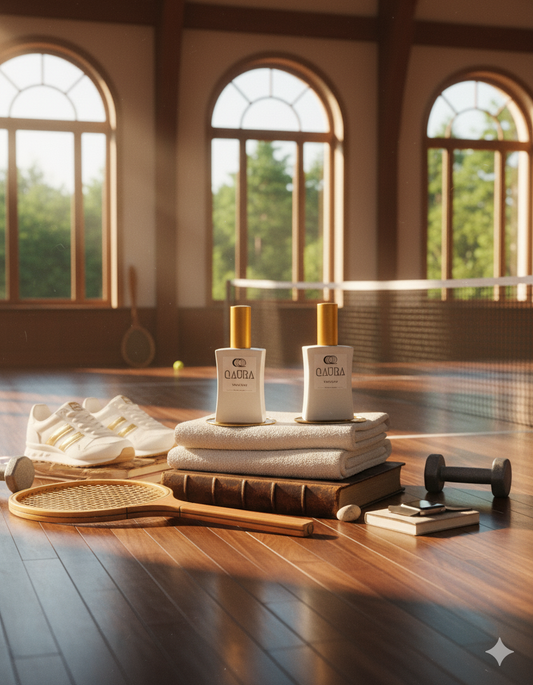 QAURA Mental Parfums Flacons stehen auf weissen Handtuechern in einem Indoor Fitnessstudio, Deko sind Sportschuhe, Hantel, Buch, Holz-Tennisschlaeger.