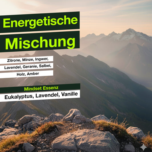 Lifestylebild von QAURA Ausblick auf ein Bergpanorama bei Sonnenaufgang, energetische Mischung, Zitrone, Minze, Ingwer, Lavendel, Geranie, Salbei, Holz, Amber, Mindset Essenz, Eukalyptus, Lavendel, Vanille