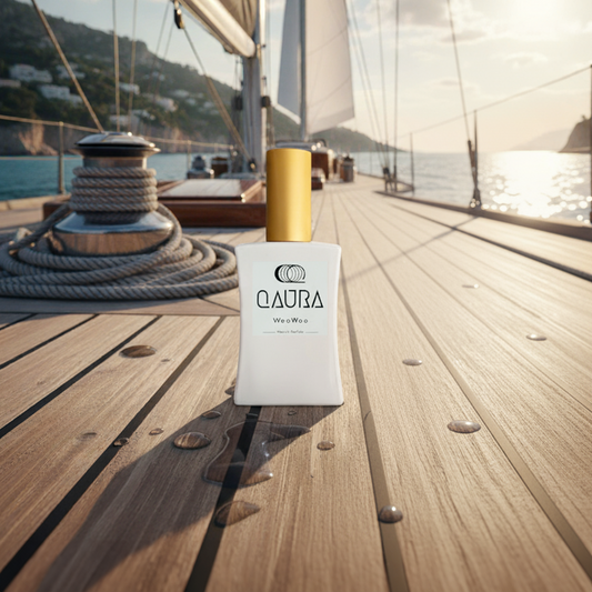 Ein Flacon QAURA Mental Parfum WooWoo steht auf dem Holzboden eines Segelbootes im Meer bei sonnigem Wetter.