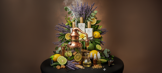 QAURA Mental Parfums platziert auf einem schwarzen Tisch, hinter einer Destille fuer aetherische Oele, umgeben von Kraeutern, Lavendel, Zitrone, Oelflaschen