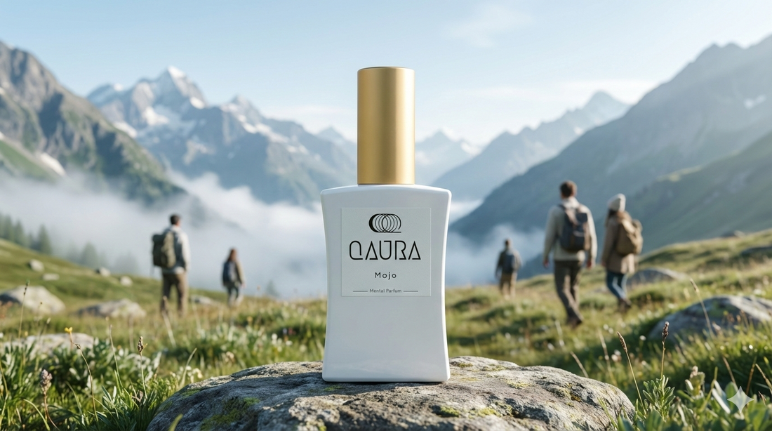 Eine weitläufige Berglandschaft mit dem Parfümflakon QAURA Mentalparfüm MoJo im Mittelpunkt.