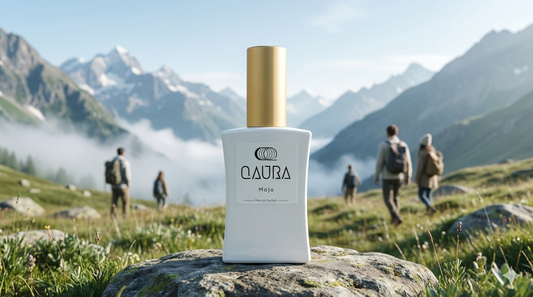 Eine weitläufige Berglandschaft mit dem Parfümflakon QAURA Mentalparfüm MoJo im Mittelpunkt.