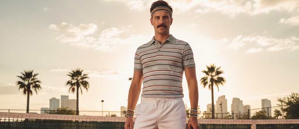 Ein Tennisspieler im Retro-Outfit steht auf einem Tennisplatz vor epischer Kulisse mit Palmen.