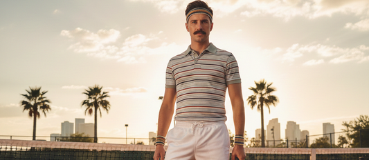 Ein Tennisspieler im Retro-Outfit steht auf einem Tennisplatz vor epischer Kulisse mit Palmen.