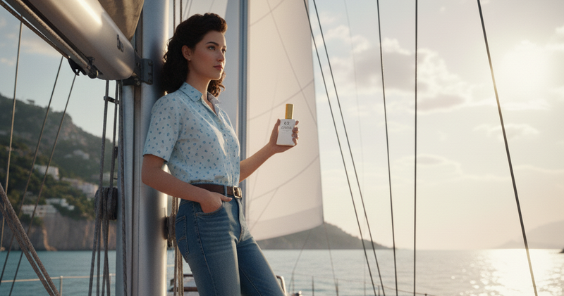 Junge Frau im 80er Jahre Look steht auf einem Segelschiff mit einer Flasche Mental Parfüm von QAURA.