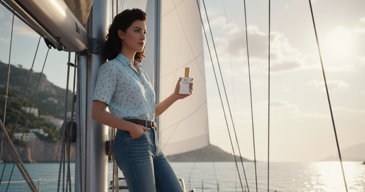 Junge Frau im 80er Jahre Look steht auf einem Segelschiff mit einer Flasche Mental Parfüm von QAURA.