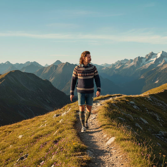QAURA Lifestylebild, Mann wandert im Hipster-Outfit auf einem Pfad in den Bergen, Hintergrund Bergpanorama.