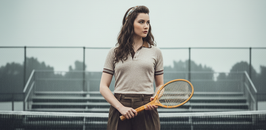 Frau im Retro Tennis Outfit und Tennisschläger in der Hand steht vor einer leeren Tribüne.