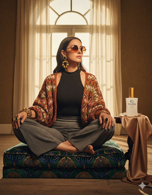 QAURA Lifestylebild, Frau im Schneidersitz auf einem Yogakissen, Flakon Mental Parfum platziert auf Seidentuch.