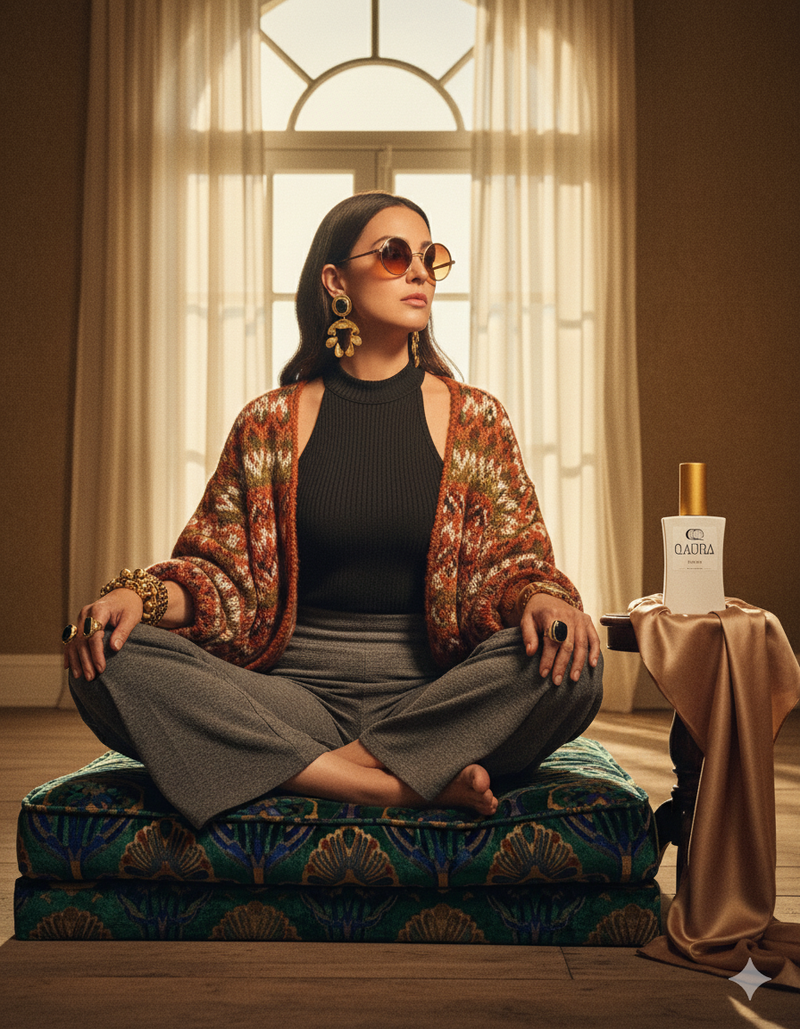 QAURA Lifestylebild, Frau im Schneidersitz auf einem Yogakissen, Flakon Mental Parfum platziert auf Seidentuch.