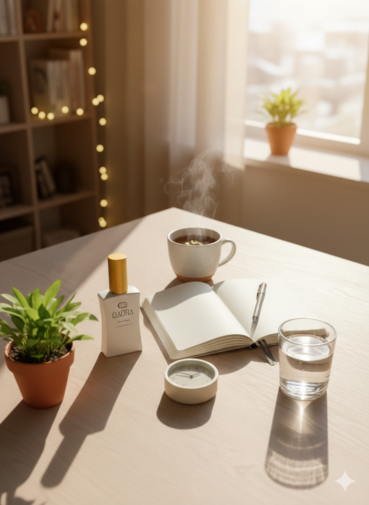QAURA Lifestylebild, Flakon Mental Parfum steht auf inem Tisch mit Kaffee, Notizbuch, Wasserglas.