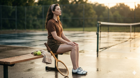 QAURA Lifestyle Tennis, Frau im Retrolook am Tennisplatz mit geschlossenen Augen in Matchvorbereitung
