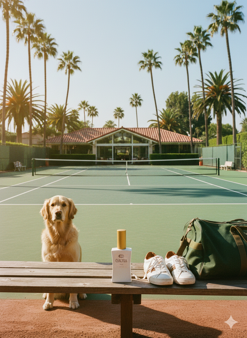 Flacon QAURA Mental Parfum steht im Vordergrund auf einer Bank vor einem Tennisplatz, auf der Bank sind Sportschuhe und eine Sporttasche, vor der Bank steht ein Hund, im Hintergrund sind Palmen.