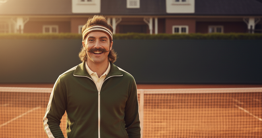 QAURA Lifestylebild, ein junger Mann mit Vokuhila und Schnurrbart steht im Hipster-Tennis-Outfit auf einem Tennisplatz mit Sandbelag.