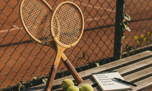 QAURA Lifestylebild, 2 Holz-Tennis-Schlaeger stehen verkreuzt auf einer Holzbank vor einem Tennisplatz.