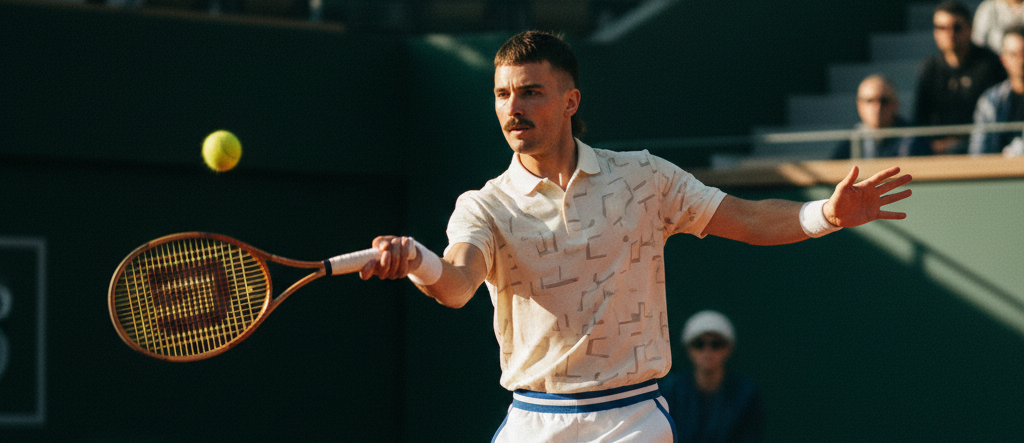 Lifestylebild von QAURA, ein Man mit Vokuhila, Schnurbart und Hipster-Sportoutfit spielt eine Tennis-Vorhand.