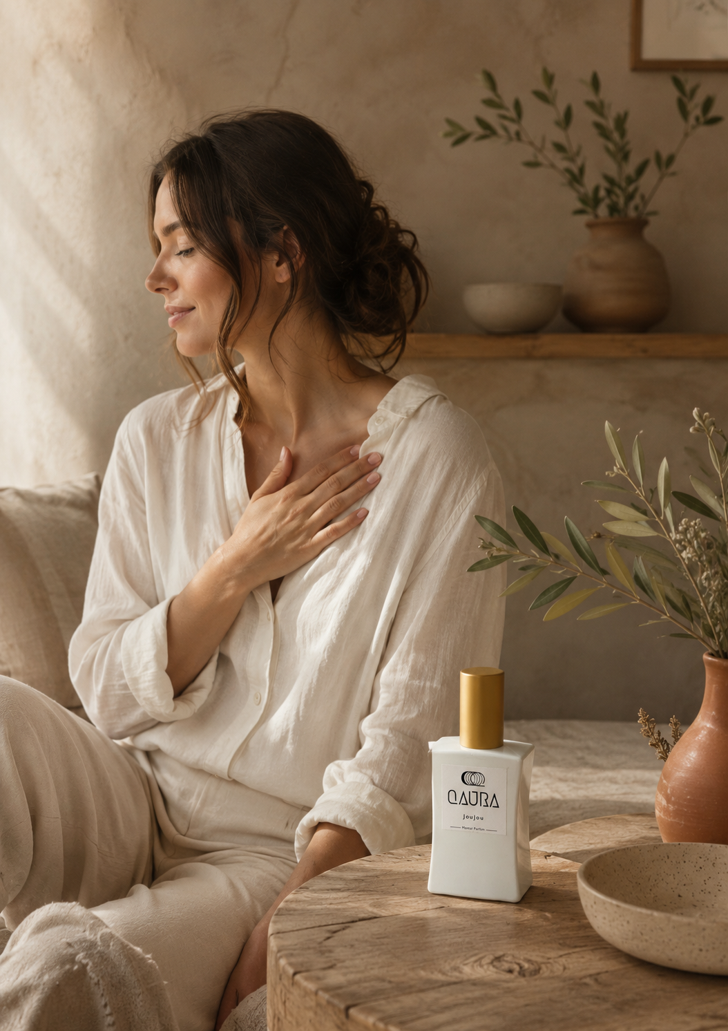 Frau in hellem Raum mit dem QAURA Eau de Parfum JouJou
