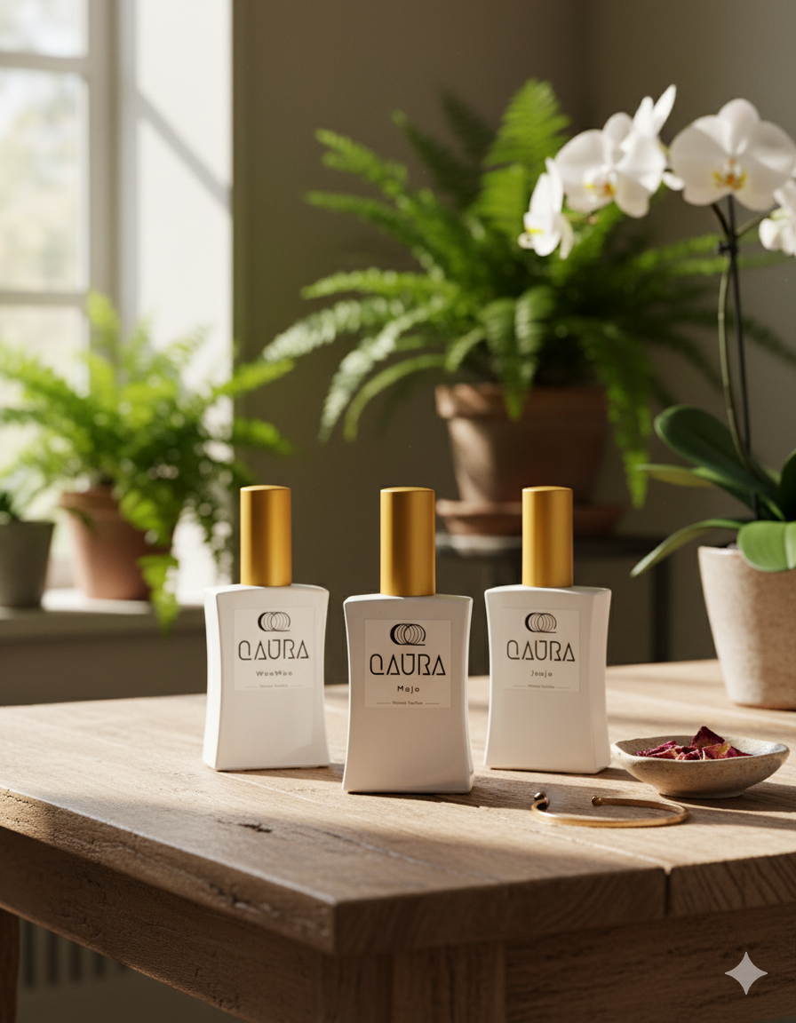QAURA Flakons Mental Parfums, WooWoo, MoJo, JouJou platziert auf einem Holztisch mit Pflanzen.