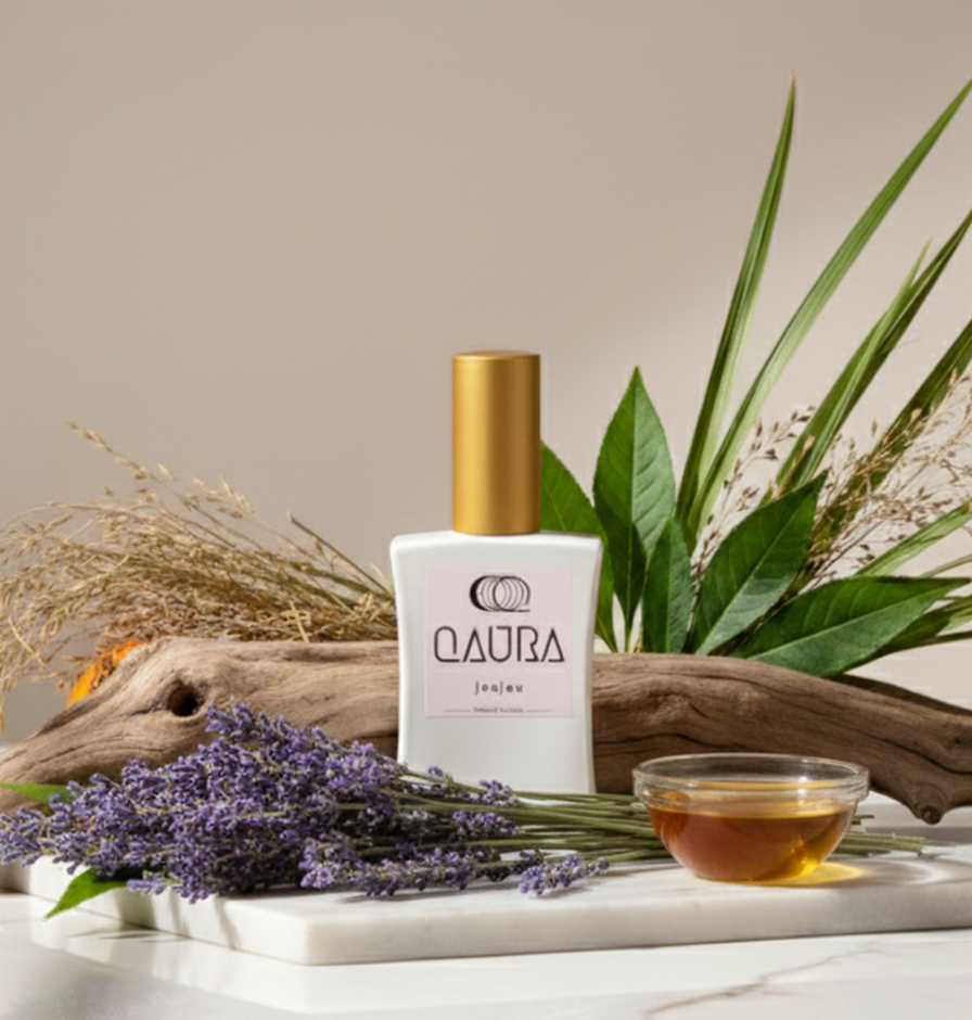 QAURA Flakon Mental Parfum JouJou umgeben von Lavendel, Oel, Holz und Pflanzen.