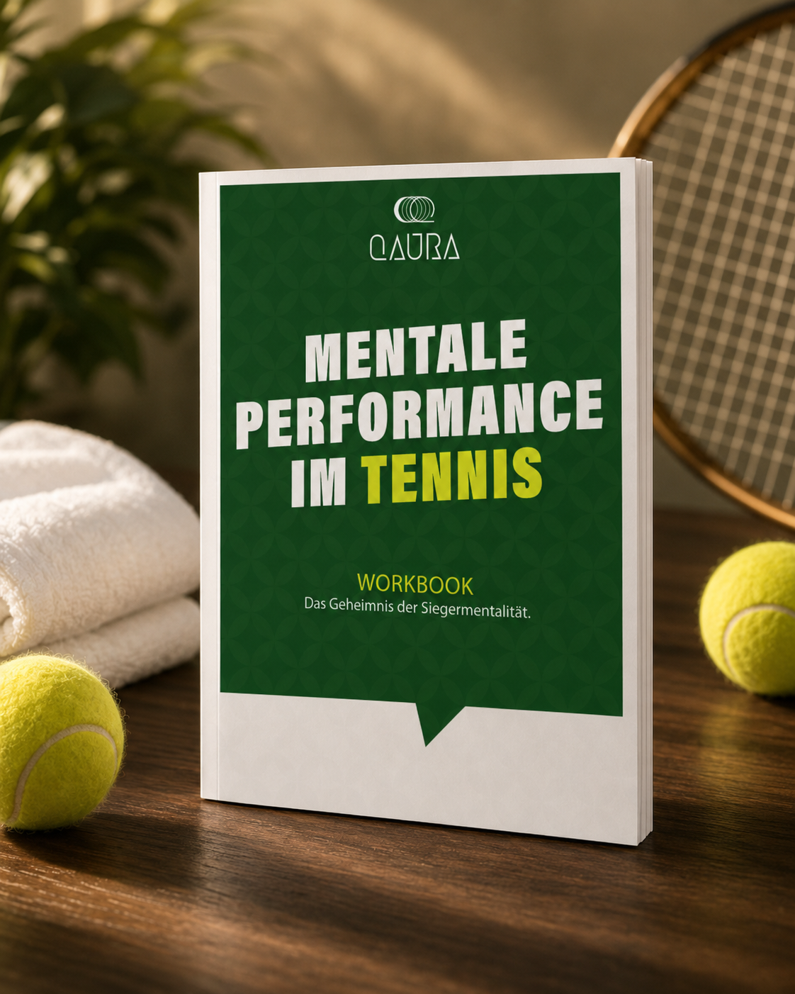 QAURA Workbook Mentale Performance im Tennis mit Tennisschläger, Handtuch und Bällen