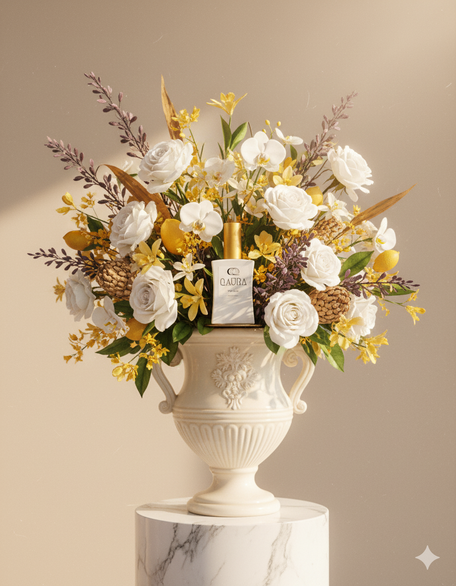 Ein Flacon QAURA Mental Parfum steht in einem Blumenstrauss weiser Rosen in einer Blumenvase auf einer Marmorsaule.