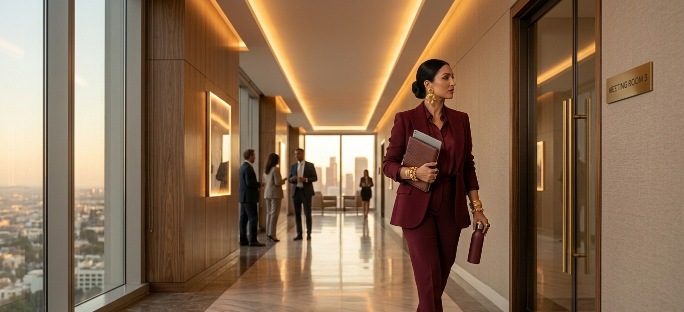 QAURA in einem luxuriösen Büro vor einem Meetingraum