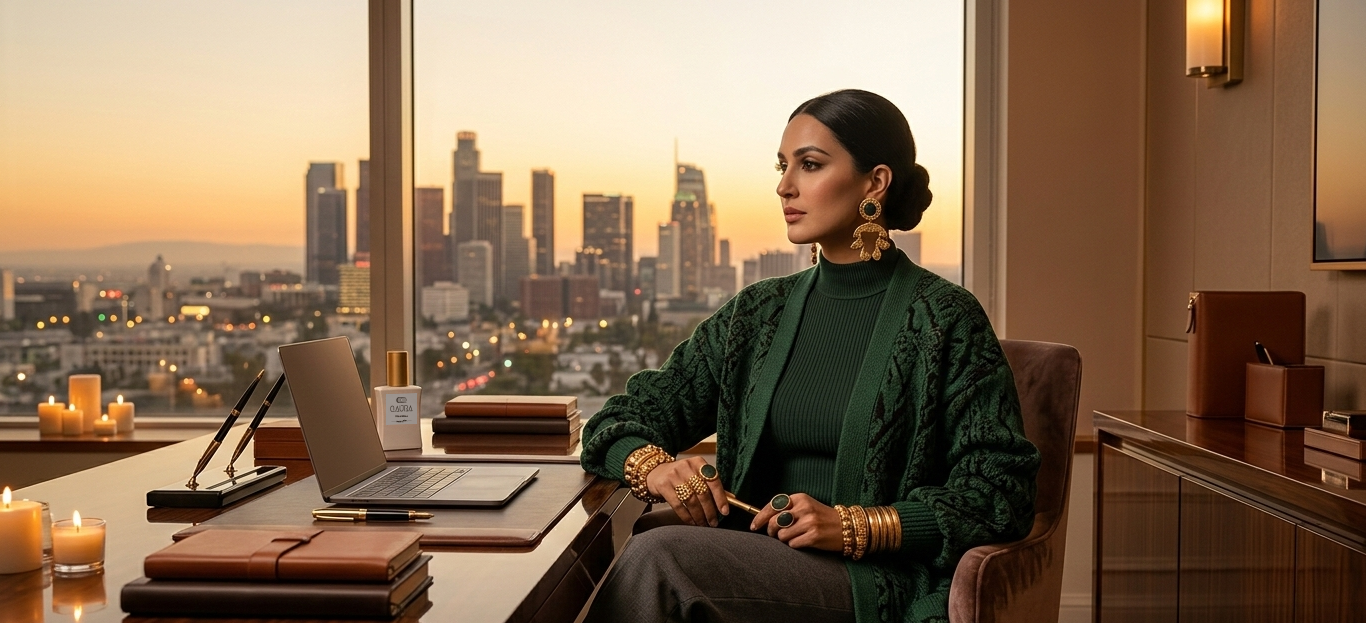 QAURA Female Leadership geht im schicken weinroten Anzug in einem luxuriösen Büro zum Meetingraum