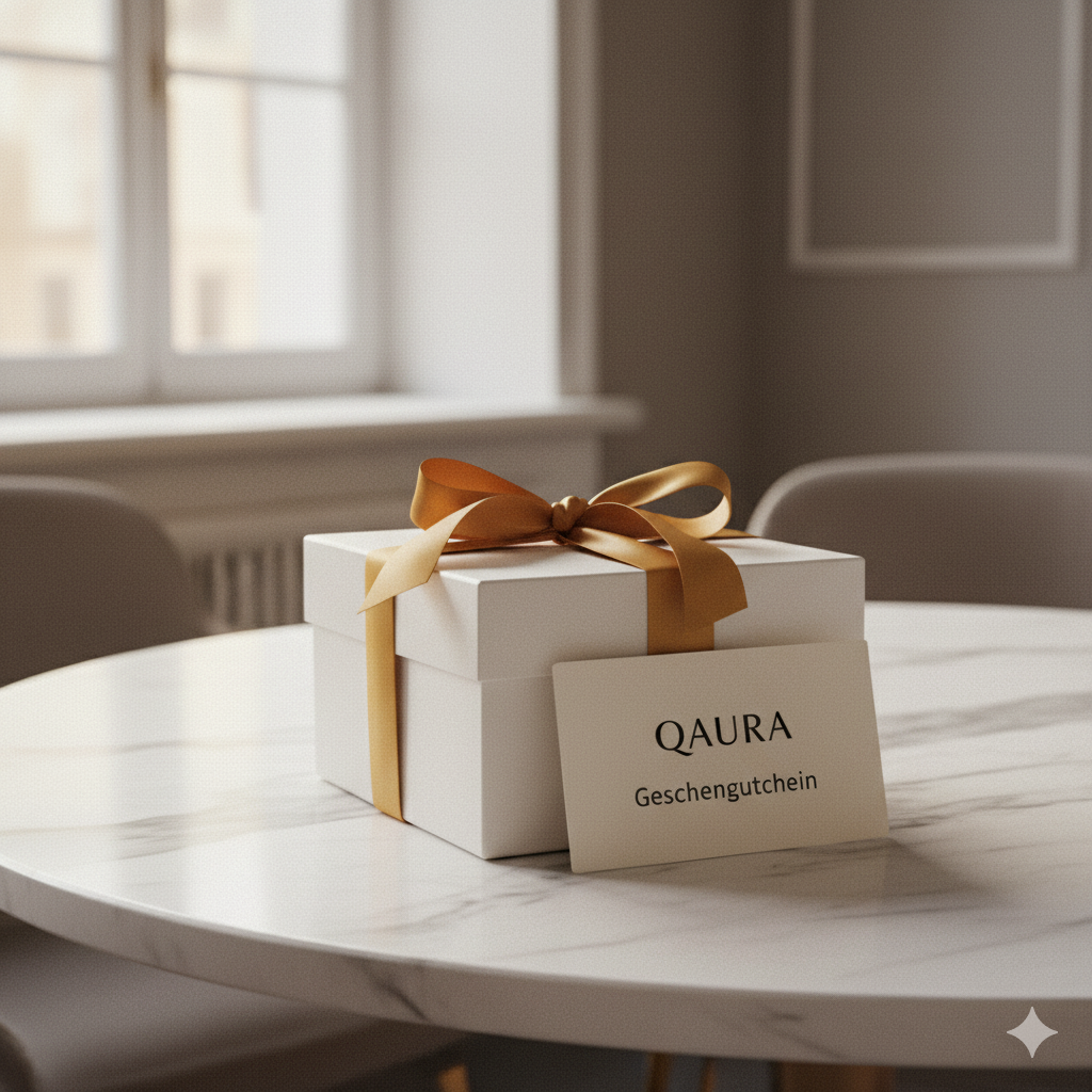 Geschenkverpackung mit goldener Schleife auf Marmortischplatte mit QAURA Geschenkgutschein.