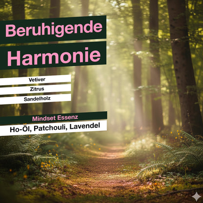 Lifestylbild von QAURA, eine sonnendurchfluteteLichtung im Wald, beruhigende Harmonie, Vetiver, Zitrus, Sandelholz, Mindset Essenz, Ho-Oel, Patchouli, Lavendel.