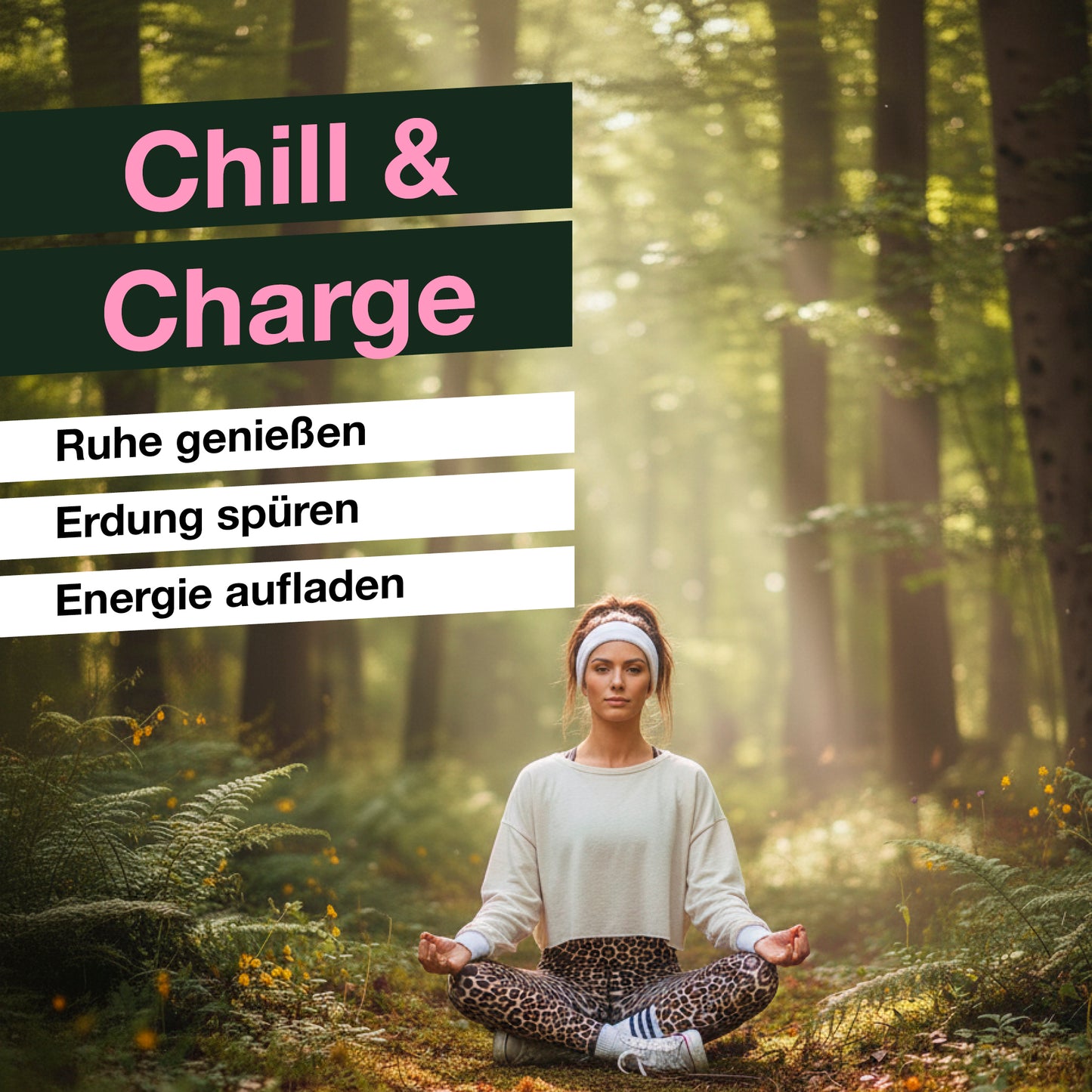 Eine junge Frau im sportlichen Outfit mit weißen Stirnband, Pullover, Leggings in Leopardenoptik sitzt in einer Yogapose in einer sonnenurchfluteten Lichtung im Wald als Lifestyle Bild von QAURA, die Worte Chill und Charge, Rehe geniessen, Erdung spueren, Energie aufladen sind grafisch dargestellt.