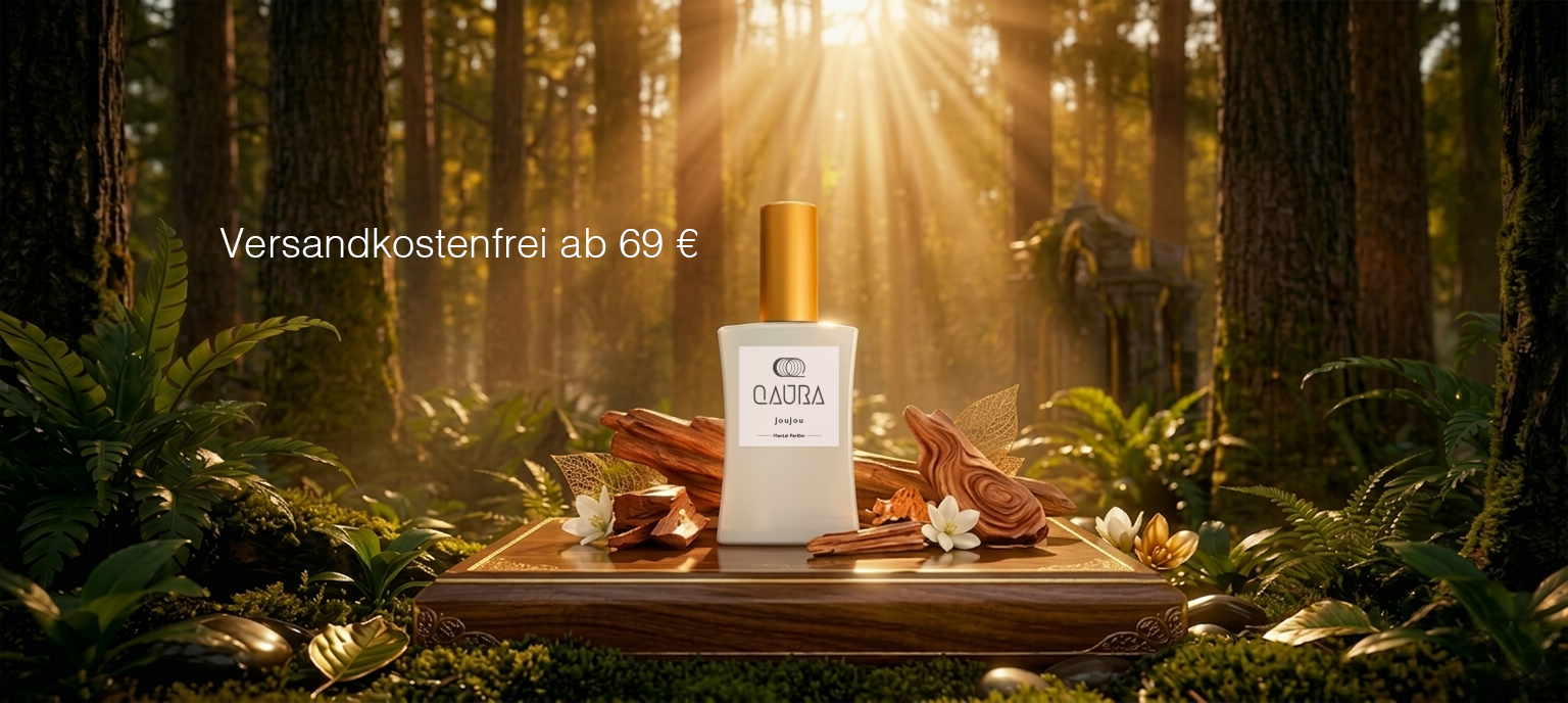 QAURA Mentalparfum JouJou Parfümflakon mit goldener Kappe auf Holztisch im Wald auf einer Lichtung. Schrift: Versandkostenfrei ab 69 €