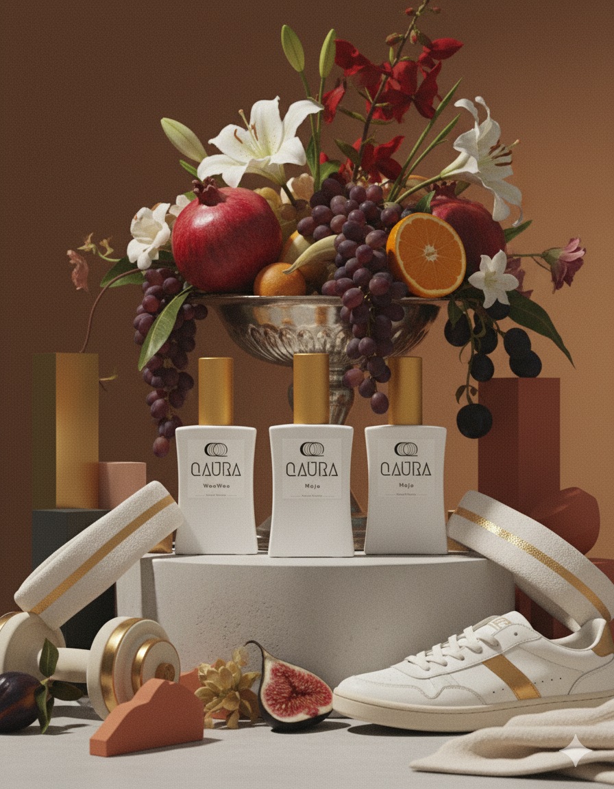 QAURA Flakons Mental Parfums WooWoo, MoJo, JouJou vor Obstschale, umgeben von Sportschuhen, Hantel