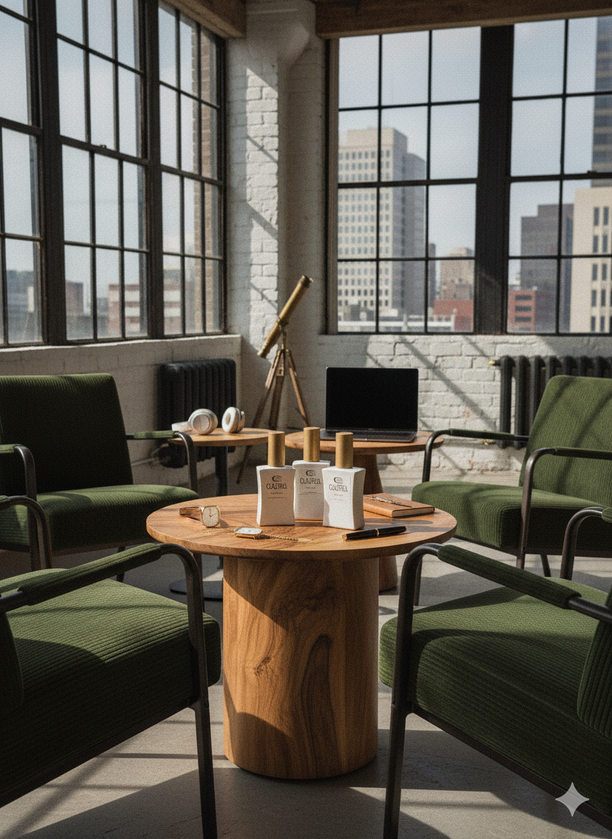 QAURA Mental Parfuems stehen auf einem Holztisch in einem modernen Loft zwschen grünen Stühlen. Die Fenster bieten einen Ausblick auf eine Stadt.