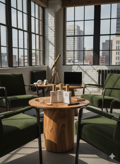 QAURA Mental Parfuems stehen auf einem Holztisch in einem modernen Loft zwschen grünen Stühlen. Die Fenster bieten einen Ausblick auf eine Stadt.