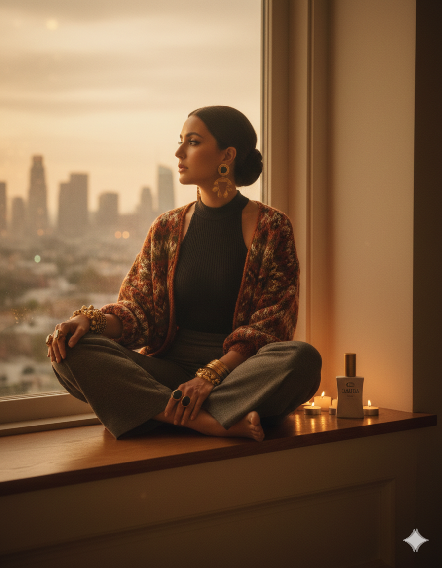 QAURA Lifestyle Feierabend Female Leadership JouJou Frau sitzt entspannt auf Fensterbank im warmen Abendlicht