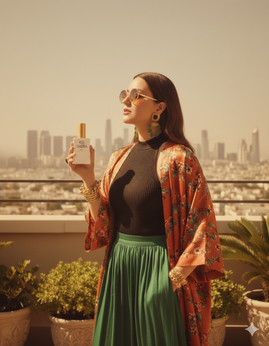 QAURA Lifestyle Business Pause Female Leadershipt mit Flakon auf Dachterrasse und Skyline