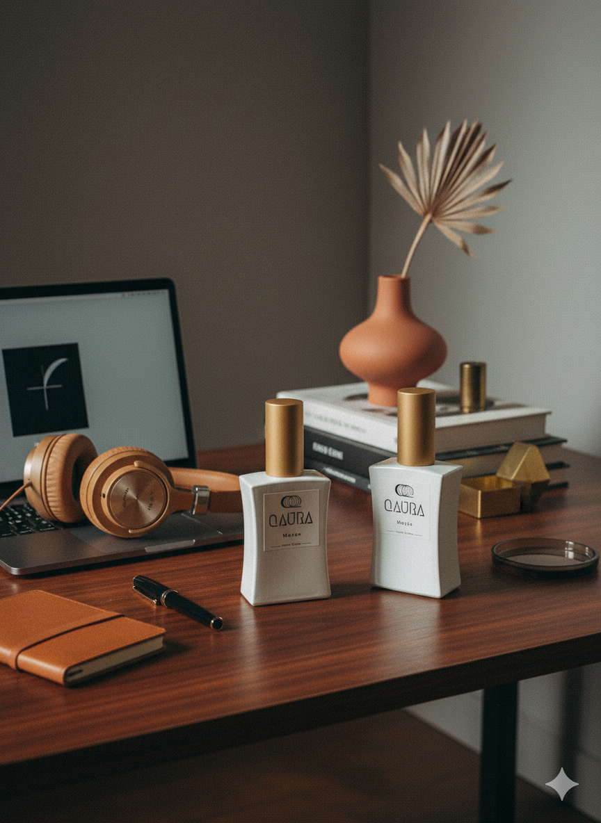 QAURA Flakons Mental Parfums stehen auf einem Schreibtisch, Stimmung nobel.