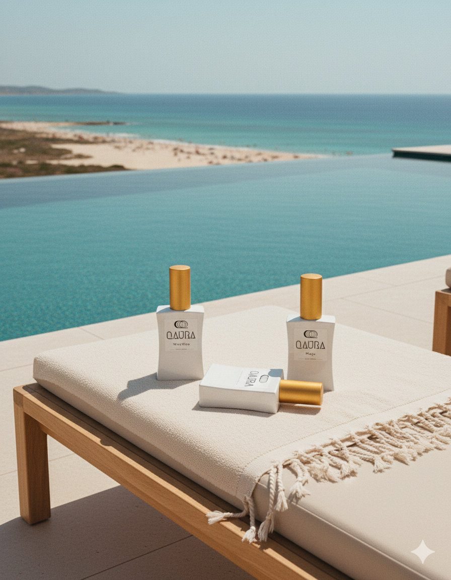 QAURA Mental Parfum Flacons stehen 2 auf einer Sonnenliege, 1 Flacon liegt, Ausblick auf ein blaues ruhiges Meer und Strand einer Insel bei Sonnenwetter.