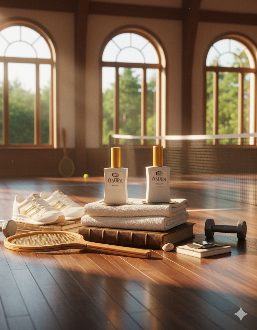 QAURA Mental Parfums Flacons stehen auf weissen Handtuechern in einem Indoor Fitnessstudio, Deko sind Sportschuhe, Hantel, Buch, Holz-Tennisschlaeger.