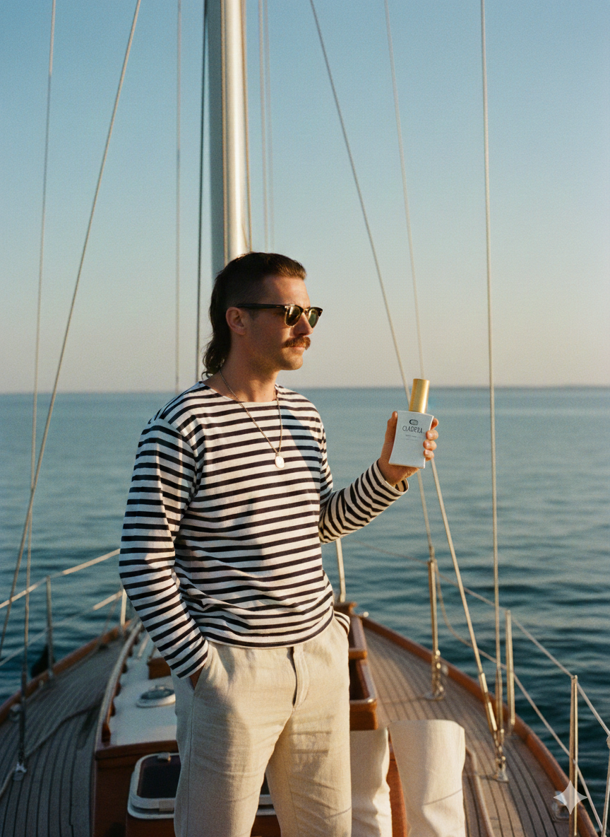 Ein Mann mit Vokuhila, Schnurrbart und Sonnenbrille steht auf dem hölzernen Deck eines Segelboots. Er trägt ein blau-weiß gestreiftes Langarmshirt sowie eine helle Leinenhose und hält einen weißen Parfümflakon mit goldener Kappe in der Hand. Im Hintergrund erstreckt sich das ruhige Meer unter einem klaren Himmel im warmen Licht der Abendsonne.