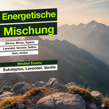 Lifestylebild von QAURA Ausblick auf ein Bergpanorama bei Sonnenaufgang, energetische Mischung, Zitrone, Minze, Ingwer, Lavendel, Geranie, Salbei, Holz, Amber, Mindset Essenz, Eukalyptus, Lavendel, Vanille