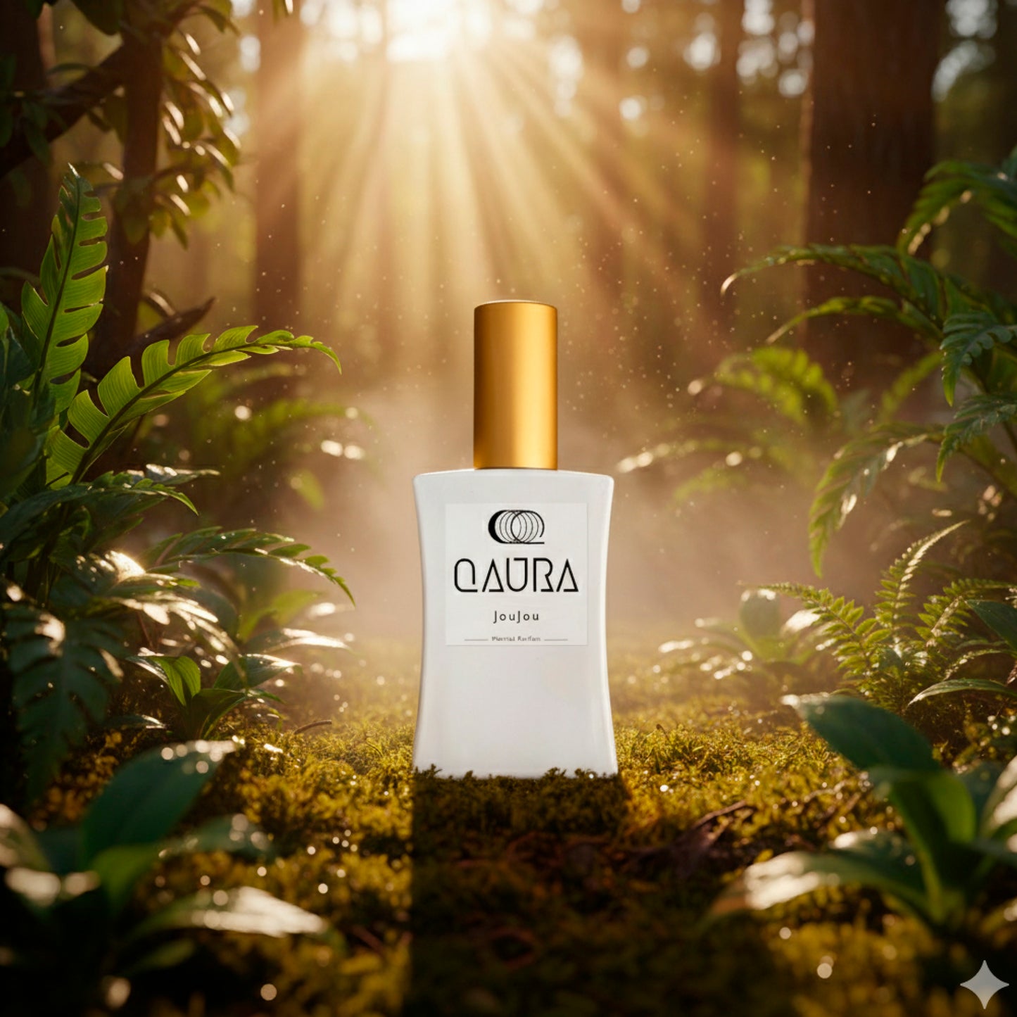 Ein Flacon Mental Parfum QAURA JouJou steht auf einem moosigen Boden im Wald umgeben von Farn in einer sonnigen Lichtung.
