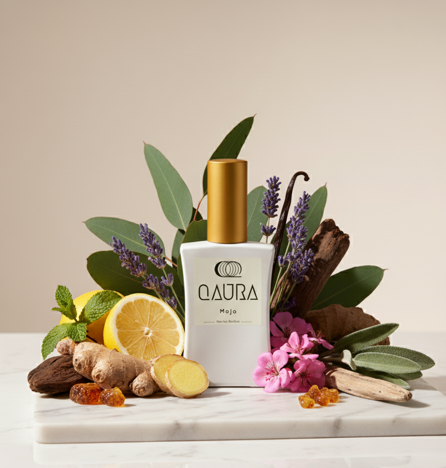 QAURA Mental Parfum MoJo als Produktbild umgeben von Laveldel, Zitrone, Ingwer und Pflanzen.