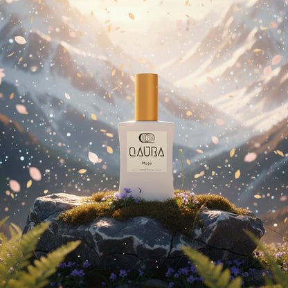 Ein Flacon Mental Parfum QAURA MoJo steht auf einem moosbedeckten Stein, im Hintergrund ist ein verschneites Bergpanorama bei Sonnenschein, Bluetenblaetter schweben in der Luft.
