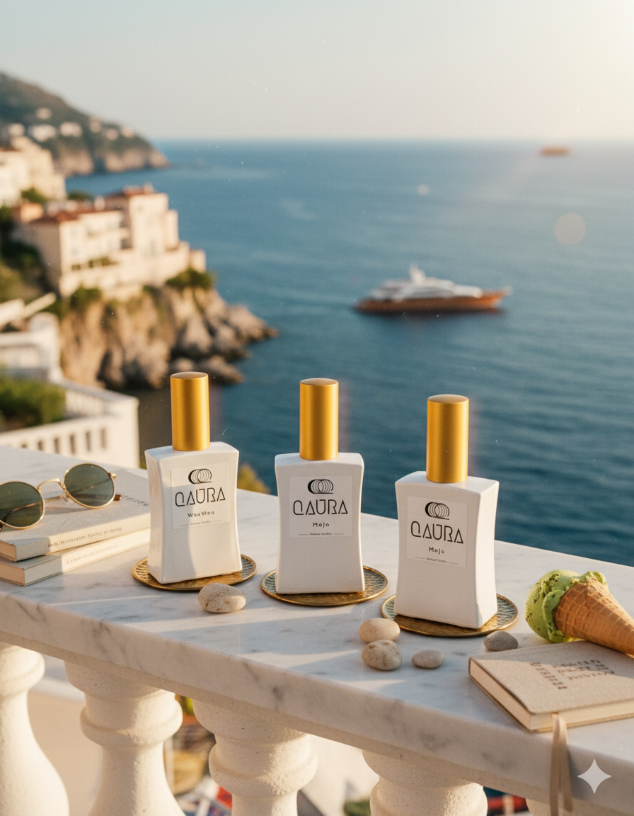 QAURA Mental Parfums auf Marmorbank, Ausblick auf eine Kueste.