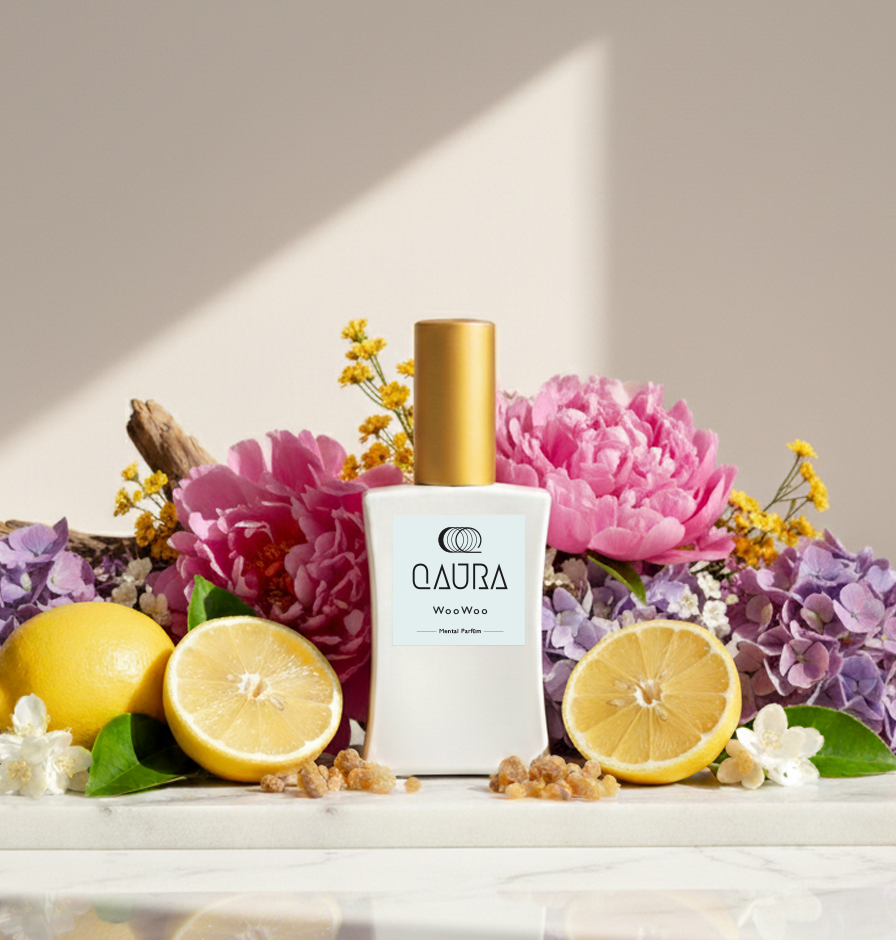 QAURA Mental Parfuem WooWoo als Produktbild vor einer blumigen Kulisse