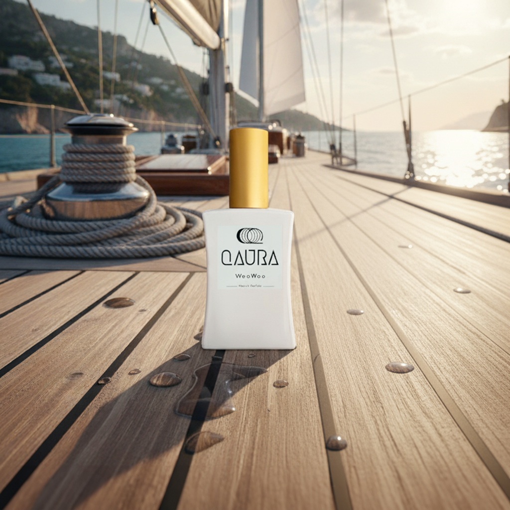 Ein Flacon QAURA Mental Parfum WooWoo steht auf dem Holzboden eines Segelbootes im Meer bei sonnigem Wetter.