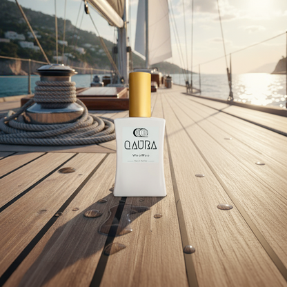 Ein Flacon QAURA Mental Parfum WooWoo steht auf dem Holzboden eines Segelbootes im Meer bei sonnigem Wetter.