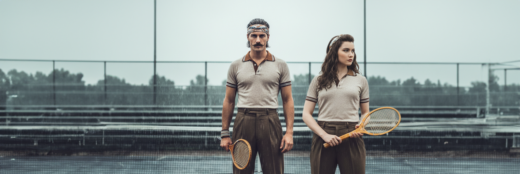 Frau und Mann im Regen beim Tennis auf Tennisplatz im Regen im Retrooutfit mit Holzschlägern